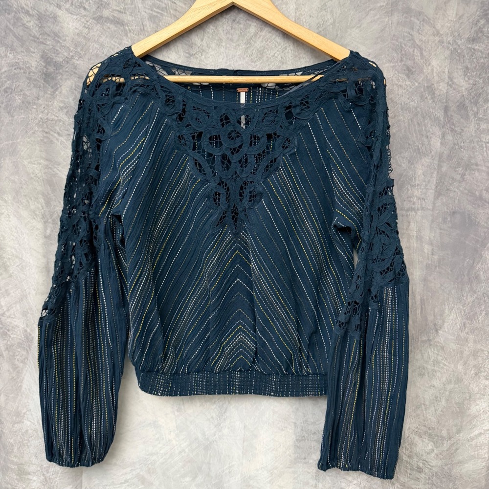 Free People Teal Blue Striped Crochet Lace Boho Blouse Smocked Hem Top Small